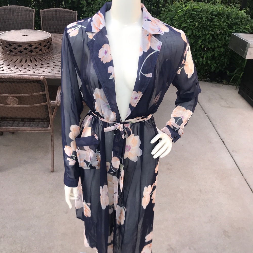 SHEER floral long 3/4 sleeve duster maxi COVER UP - Picture 7 of 16